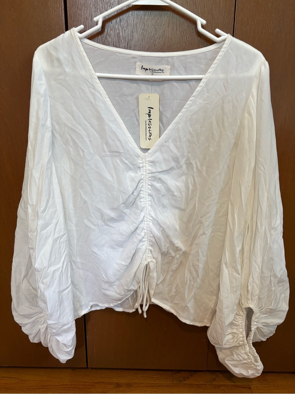 Impressions White V-Neck Ruched Front Women’s Top